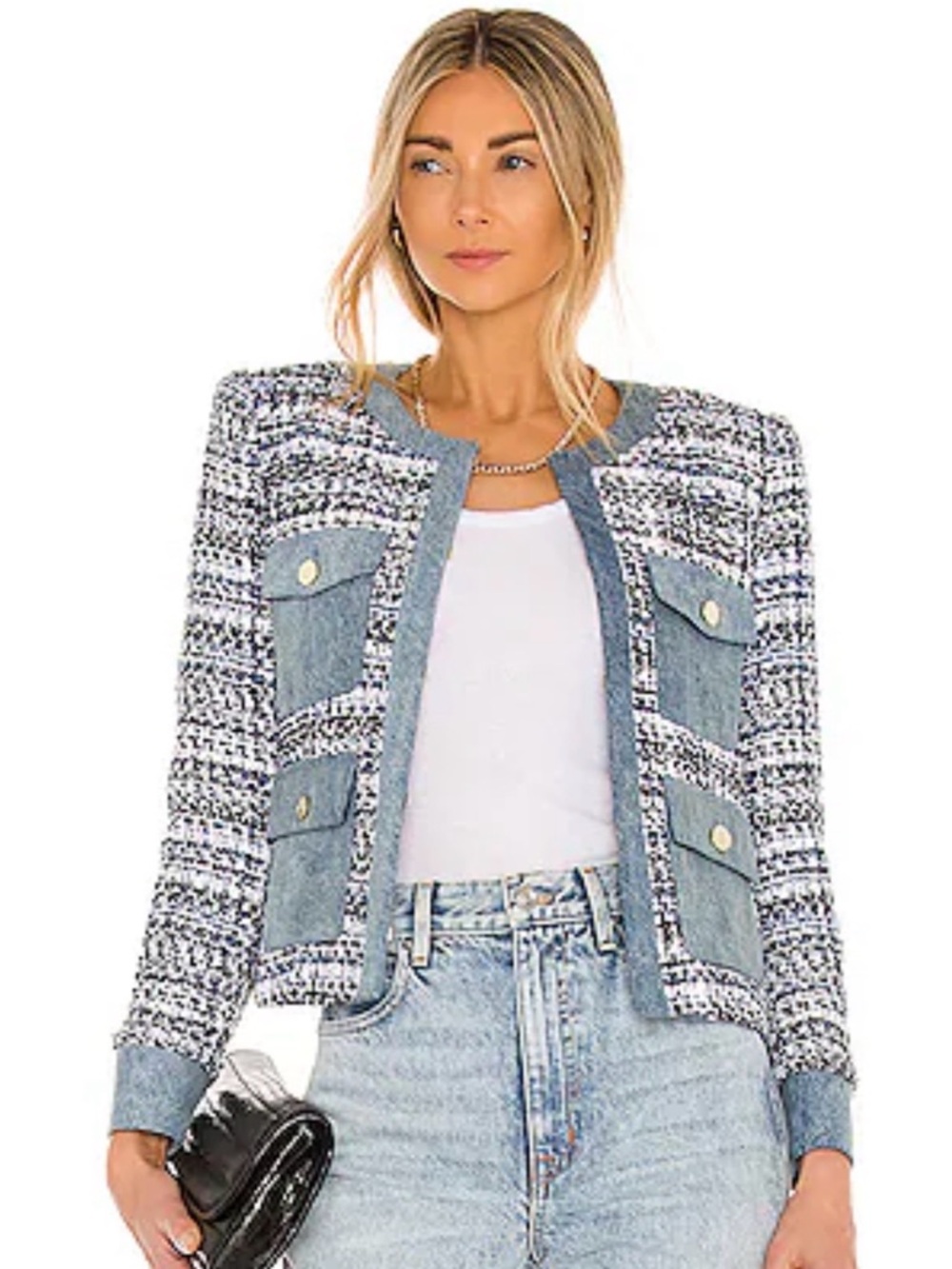 Alice & Olivia Avis Combo Patch Pocket Jacket in Blue Eyes Multi, NWT, XL
